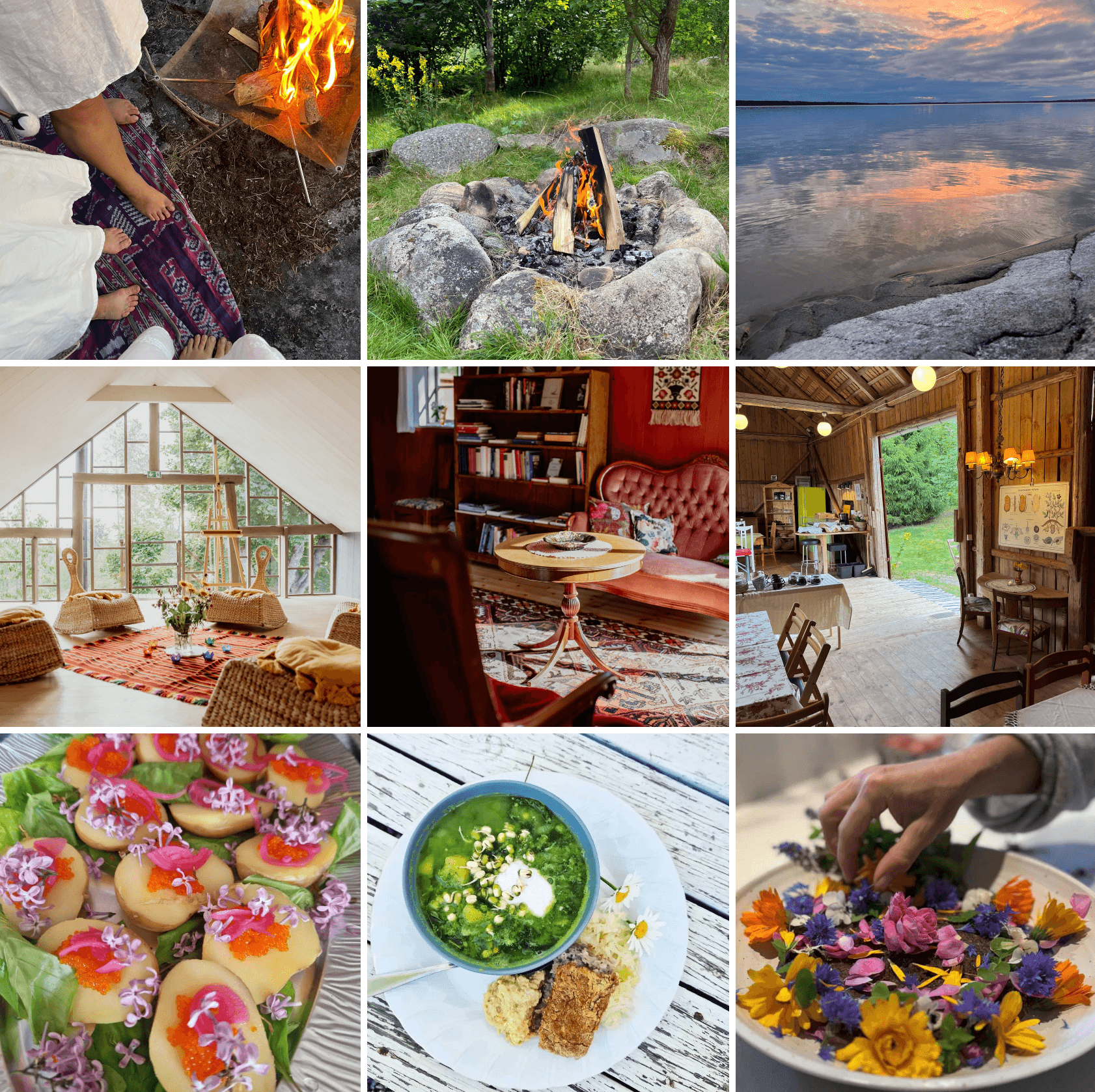 Ett collage med god mat, skog och fina miljöer